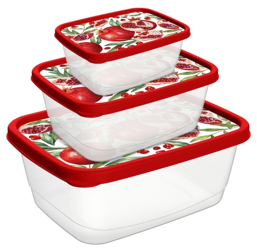 Комплект контейнеров для продуктов прямоугольных 3шт (0,5л+0,85л+1,5л) с декором (красный) /24